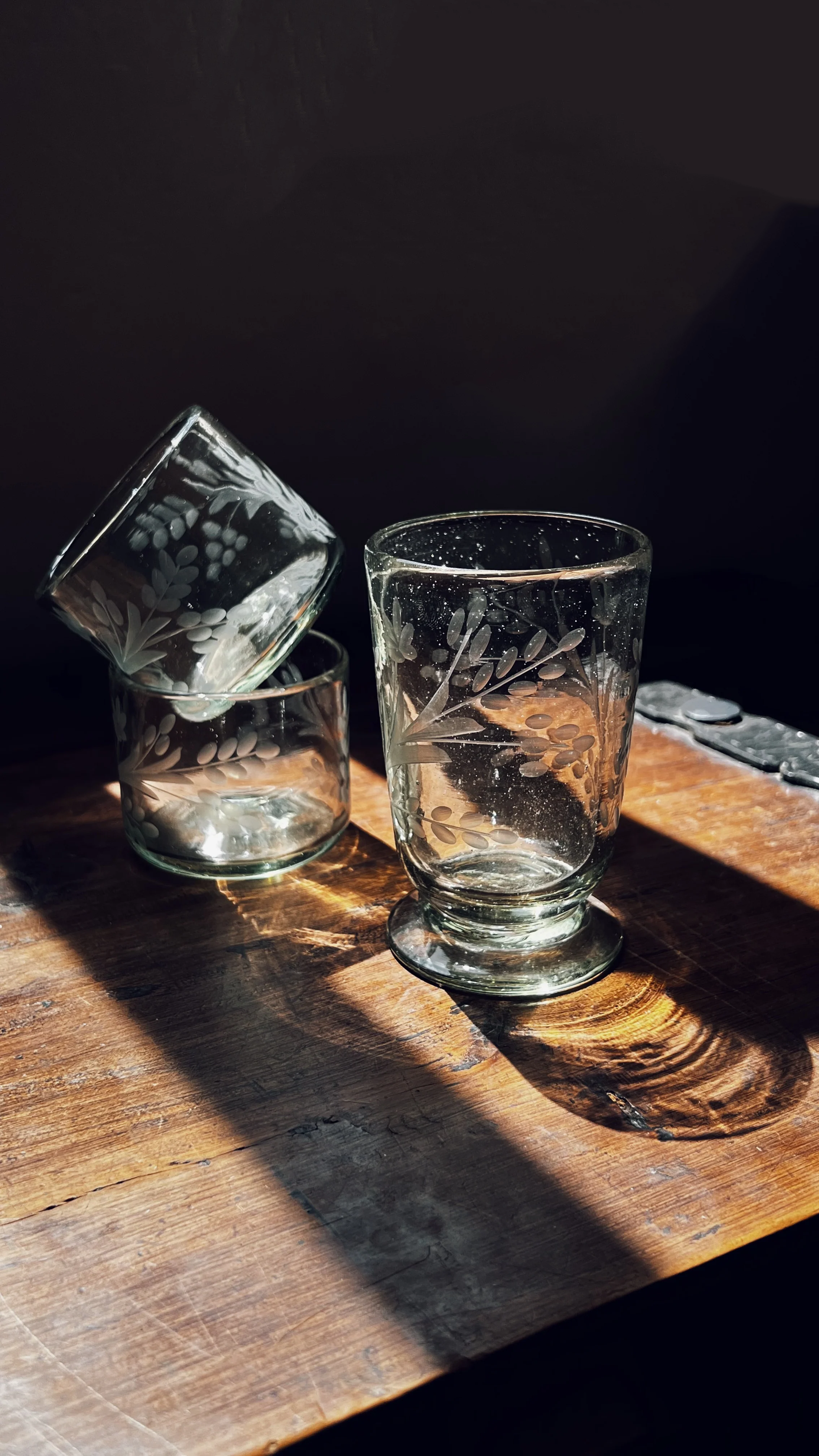 Hand-etched Blown Footed Glass