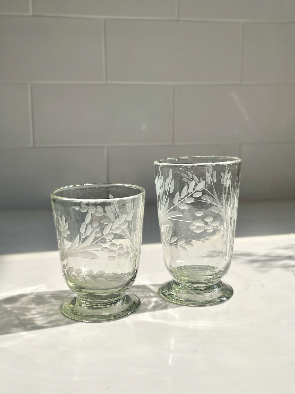 Hand-etched Blown Footed Glass